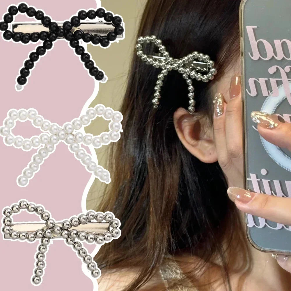 New Korean Fashion Women Pearl Hair Clips Pins Cute Girls Pearl Hairclip Bows Hairpin Metal Hair Clips Y2k Girl Hair Accessories