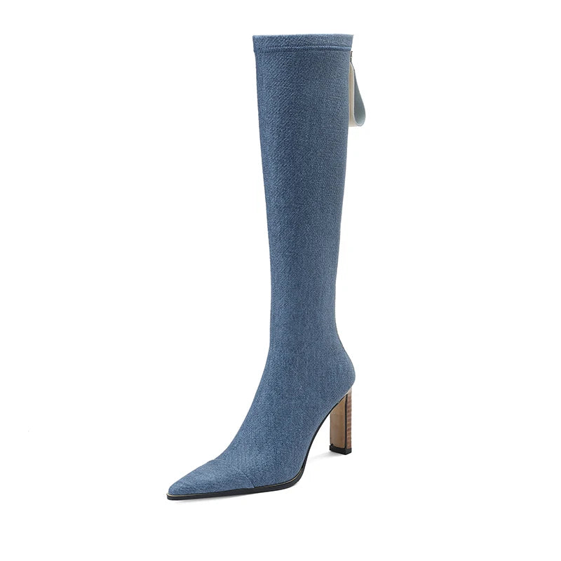 Brand New Autumn Winter Women's Boots High Heels Pointed Zipper Short Boots Fashion Sexy Knee Length Boots Denim Women's Shoes Long Plush lining