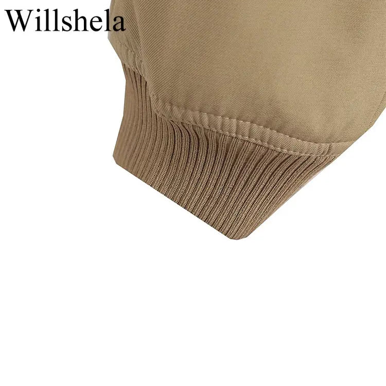 Willshela Women Fashion Solid Bomber Jackets Coat With Pockets V-Neck Single Breasted Long Sleeves Female Chic Lady Outfits