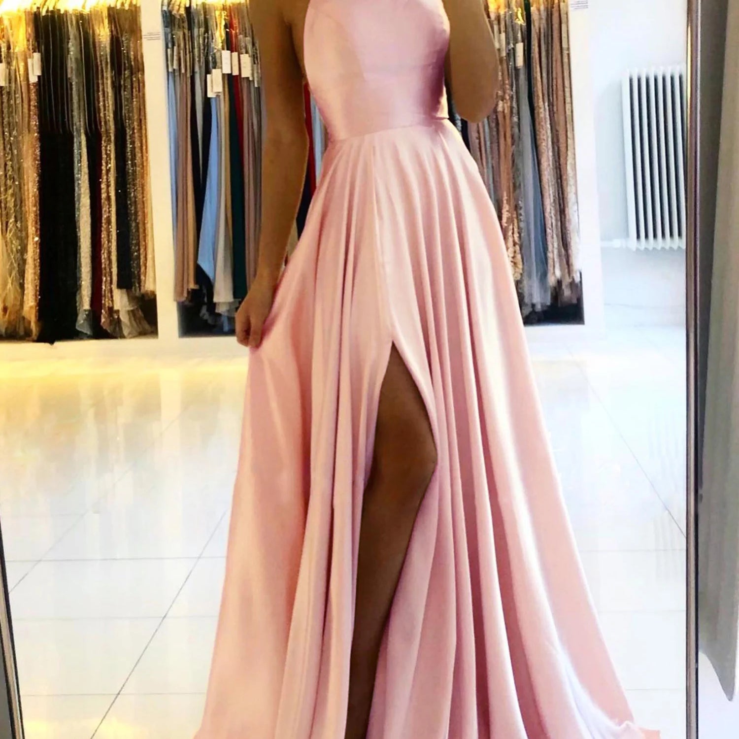 Ladies Blue A-line Long Satin Evening Dresses For Women Simple Spaghetti Straps Sexy Slit Wedding Prom Party Gowns Vestidos Dusty Pink