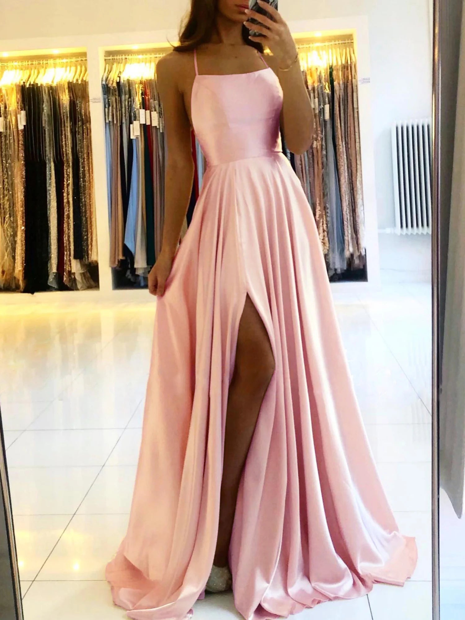 Ladies Blue A-line Long Satin Evening Dresses For Women Simple Spaghetti Straps Sexy Slit Wedding Prom Party Gowns Vestidos Dusty Pink