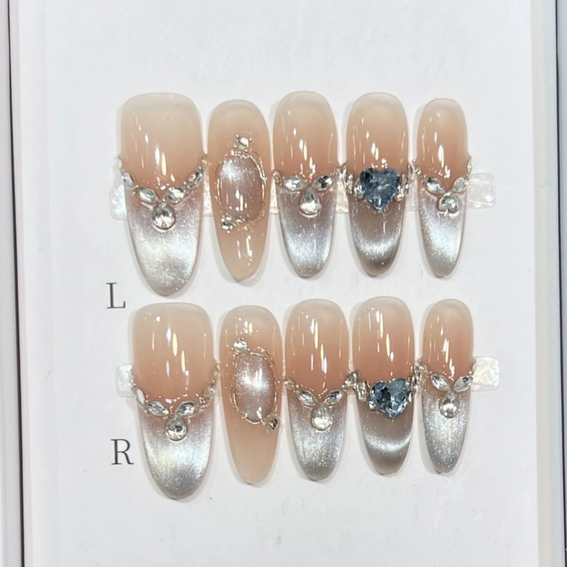 10pcs Wearable Long Oval Handmade Nails Cute French Tips Cat's Eye False Nail Art Reusable Sweet Bow Diamond Press on Fake Nails