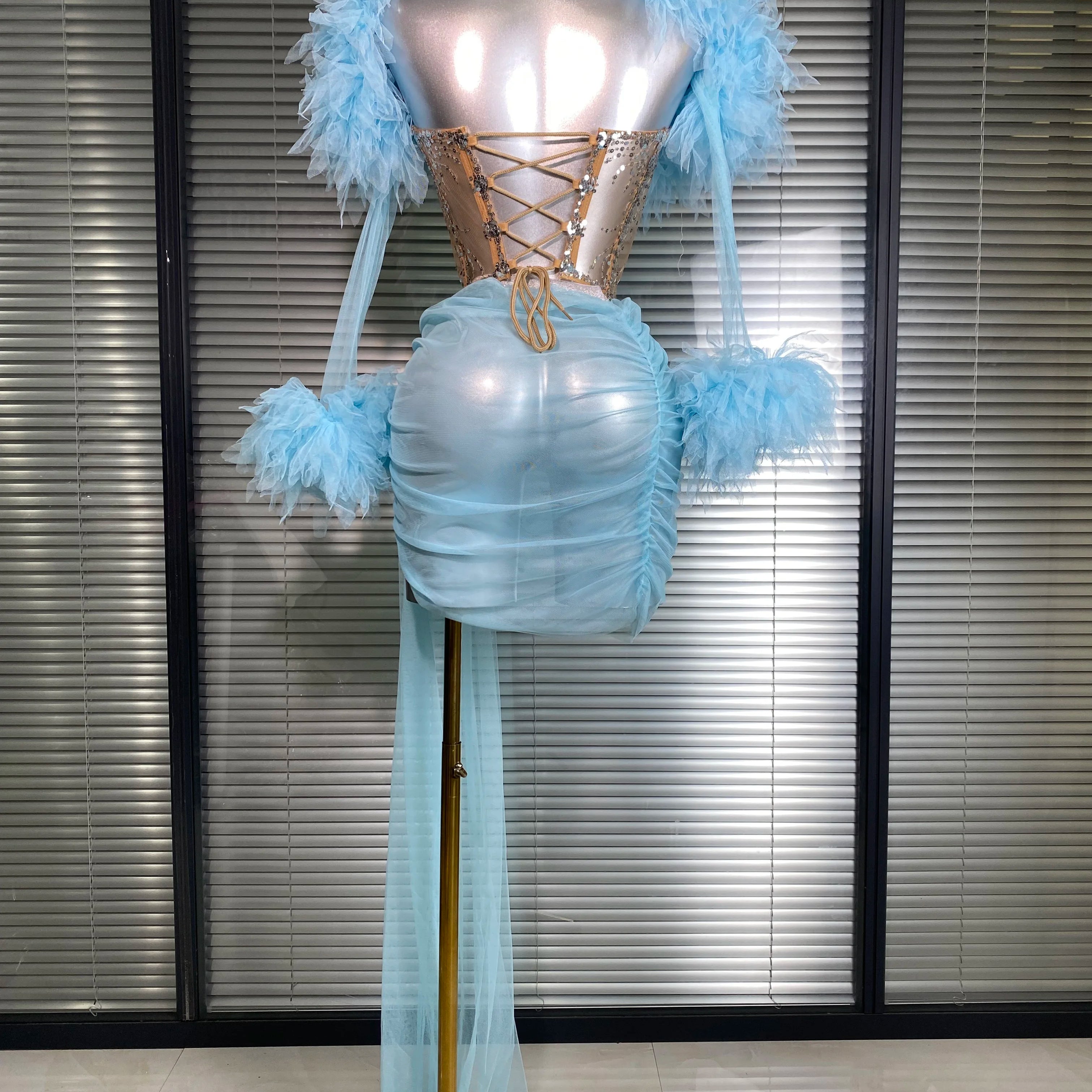 Summer New 2025 Sexy Two Pieces Set Women Celebrity Sky Blue Mesh Night Club Sheer Skirt Suits Stage Performance Costume