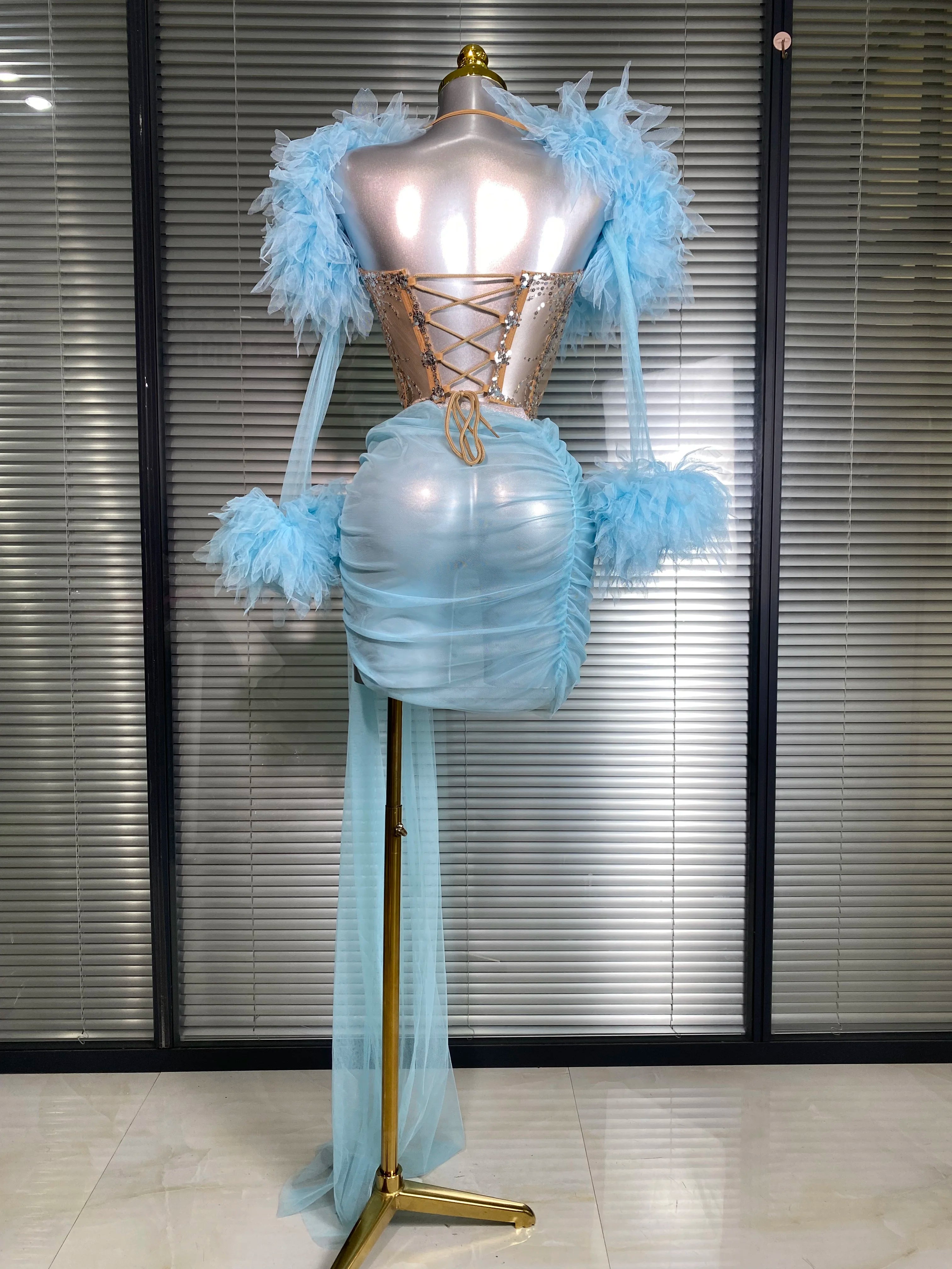 Summer New 2025 Sexy Two Pieces Set Women Celebrity Sky Blue Mesh Night Club Sheer Skirt Suits Stage Performance Costume