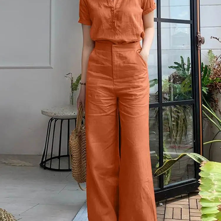 ZANZEA Summer Fashion Suit Lapel Short Sleeve Shirt Wide Leg Pants 2pcs Woman Vintage Office OL Matching Sets Casual Tracksuits Orange