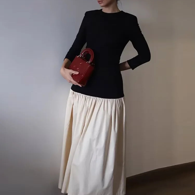 Vintage Women Ruffle Edge Splicing Full Sleeve Dress Fashion Round Neck A-line Maxi Dresses 2025 Lady Spring Highstreet Robe