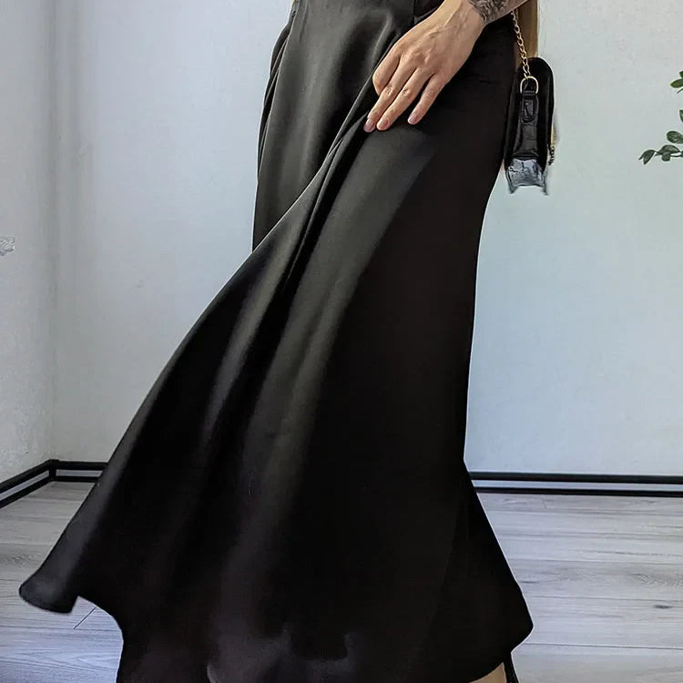 MiuKoMiYa Black A Line Long Skirts For Women Satin Summer Solid Silk Maxi Skirts Ladies Office Elegant Women Beige Skirt 2024