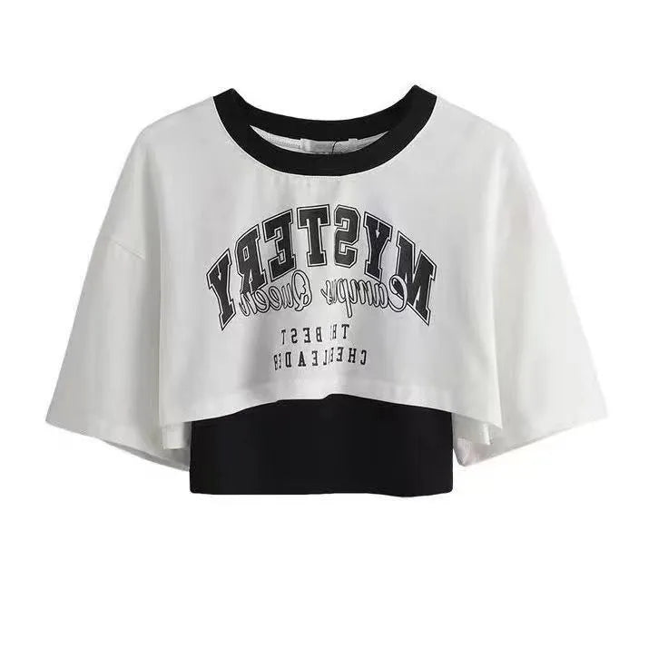 Korean Style Two-piece Patchwork Short Sleeved T-shirt with Ink Painting Wide Leg Pants Two-piece Female Student Pants Set white t shirt