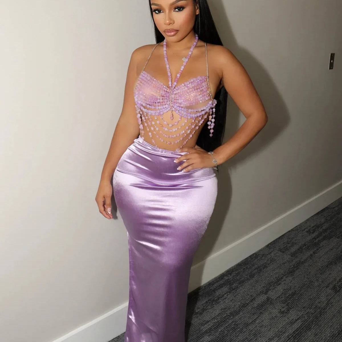 CM.YAYA Vintage Women Satin Bodycon Long Pencil Maxi Long Skirt 2025 Summer Sweet Holiday Beach Street INS Fashion OL Skirts Purple