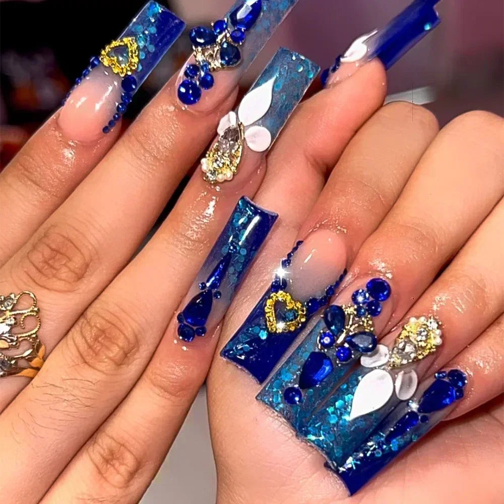 24Pcs Wearable Colorful Butterfly Designs French Press on Nails Long Ballet False Nails with Rhinestone Acrylic Fake Nails Tips