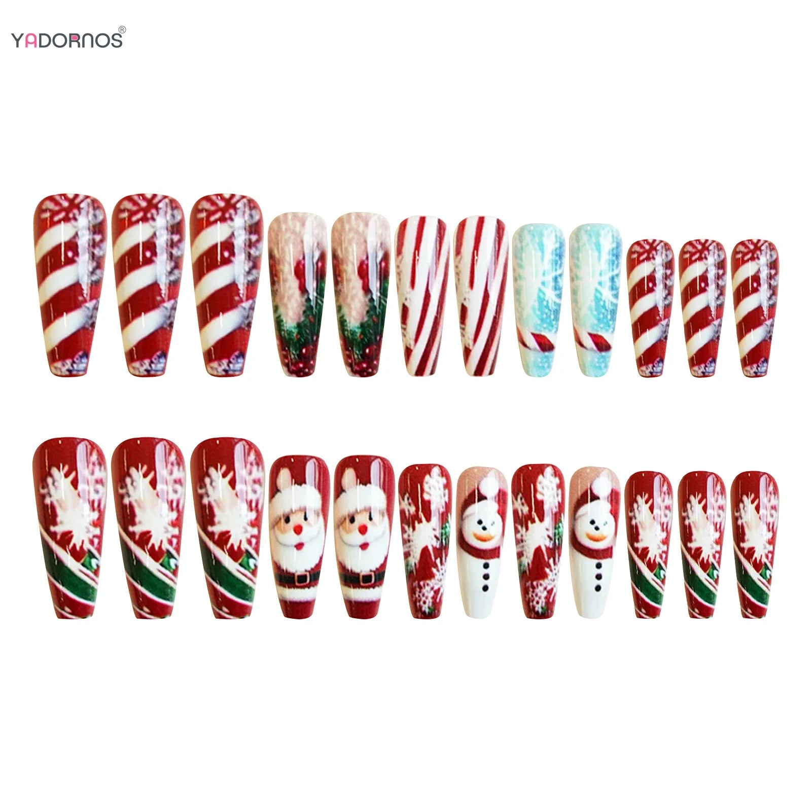 Long Coffin Fake Nails for Christmas Party 24Pcs Red Striped Printed Press On Nails with Santas/Snowman/Snowflake Designs
