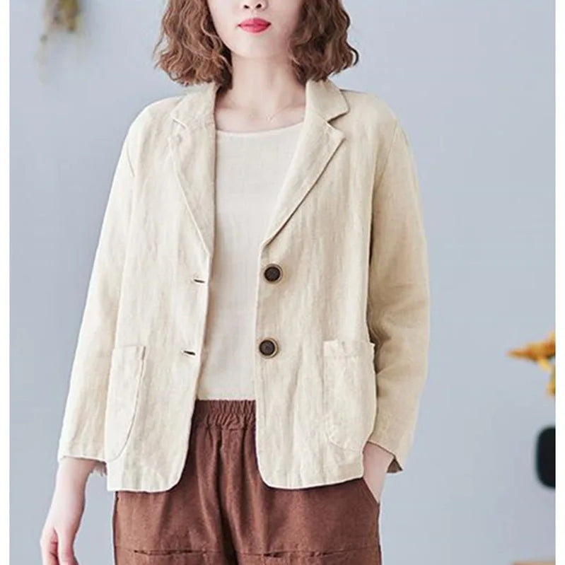 Ladies Cotton Linen Blazer Outerwear Korean Female Short Long Sleeved Suit Coat Spring Autumn Women Loose Fitting Blazer Jacket Apricot color