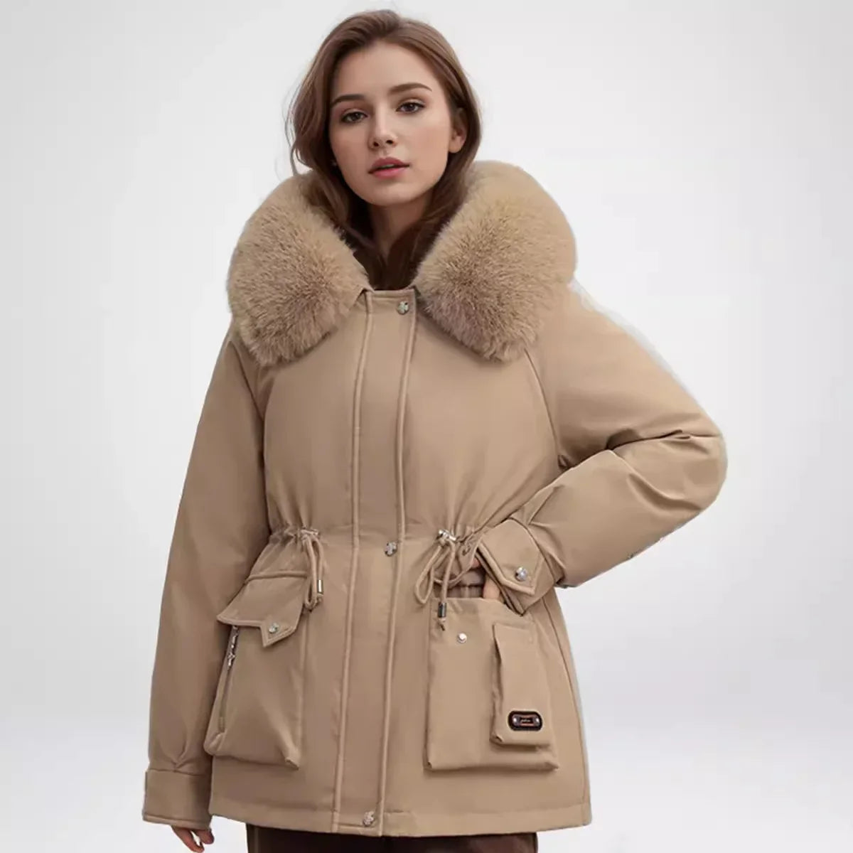 Winter Women's Jacket Fur Collar Thicken Warm Casual Cotton Jacket Female 2 Pocket Drawstring Waist Cinching Parka Jacket