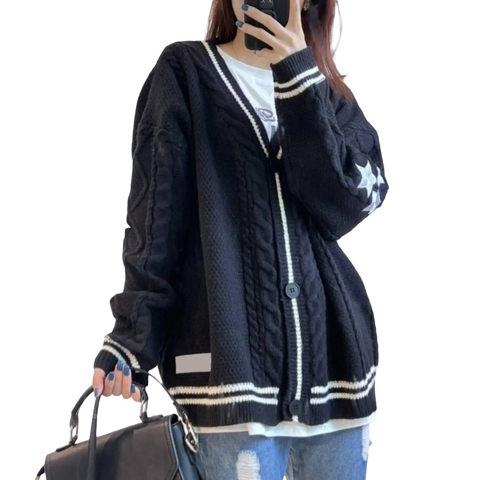 Women's Comfortable Autumn and Winter Knitted Embroidered Cardigan Temperament Age Reduction Loose Casual Sweater Coat black
