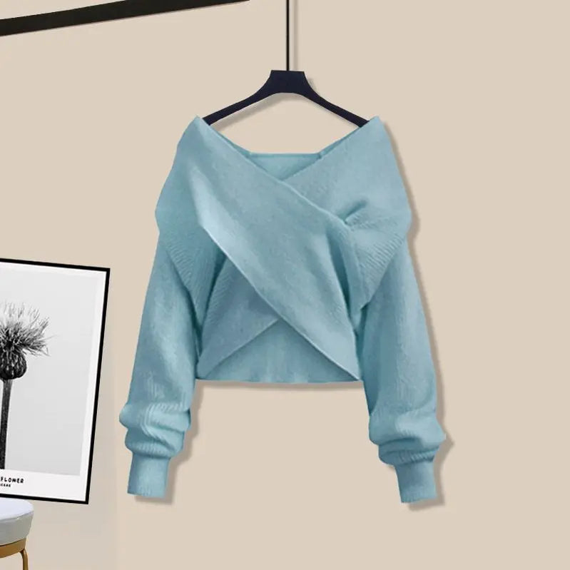 Autumn/Winter New Korean Elegant Matching Set Women's Fashion Cross Knit Sweater+Bottom Shirt+Strap Dress Three Piece Suit Blue Sweater