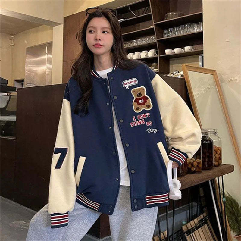 Vintage Bomber Jackets Women Cartoon Bear Baseball Coats Streetwear Female Fashion Hip Hop Casual Ladies Tops Autumn Winter