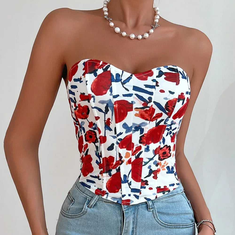 Women's Sexy Blended Camis Hot Sweet Print Solid Chest Wrap Elegant Irregulariity Floral Crop Top Holiday Single Breasted Tunics