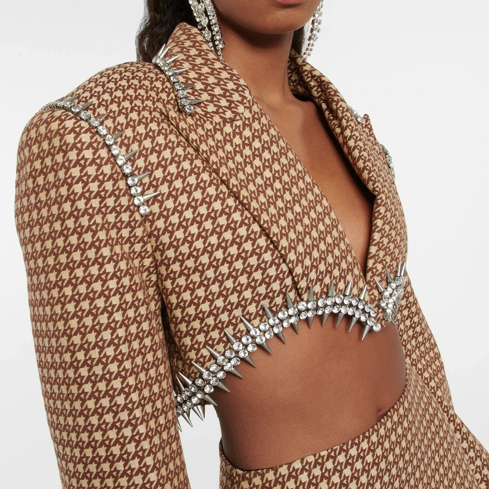 TWOTWINSTYLE Solid Two Piece Set For Women Notched Collar Long Sleeve Spliced Diamond Blazer High Waist Skirt Casual Set Female