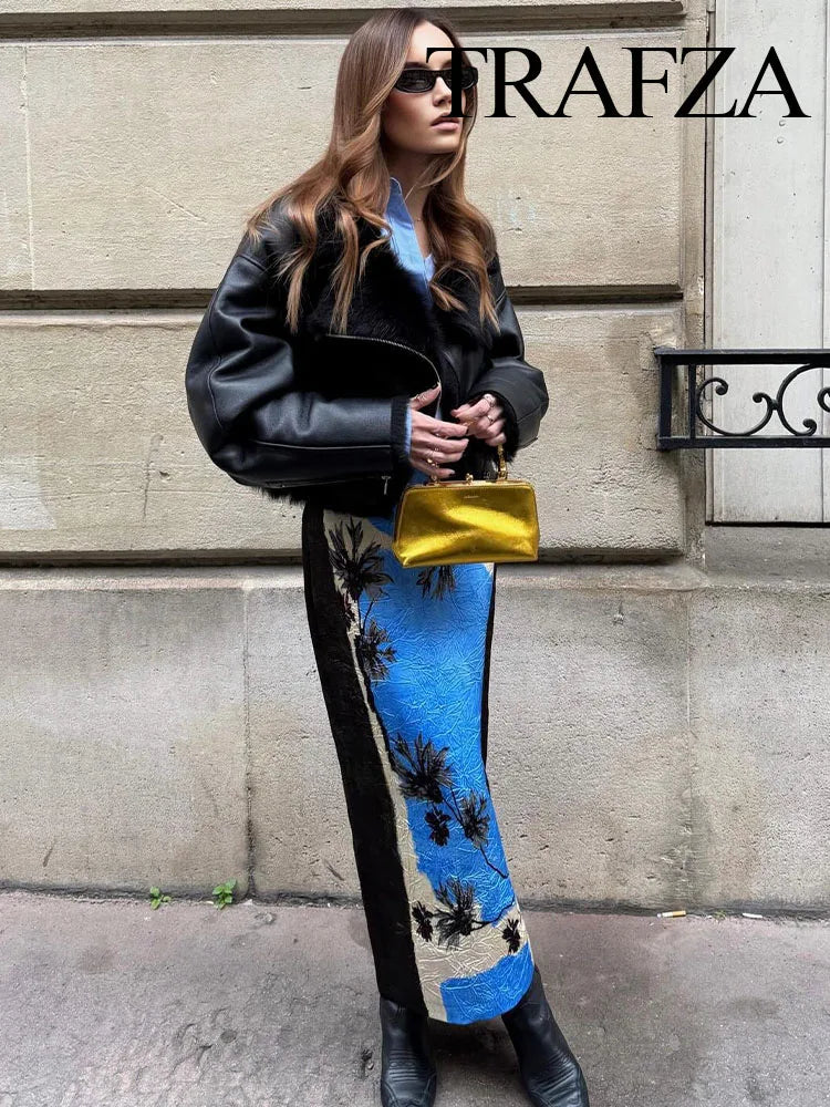 TRAFZA Summer New Fashion Holiday Printed Midi Long Skirt Zipper High Waist A Line Straight Skirts Vent Back Female Y2K