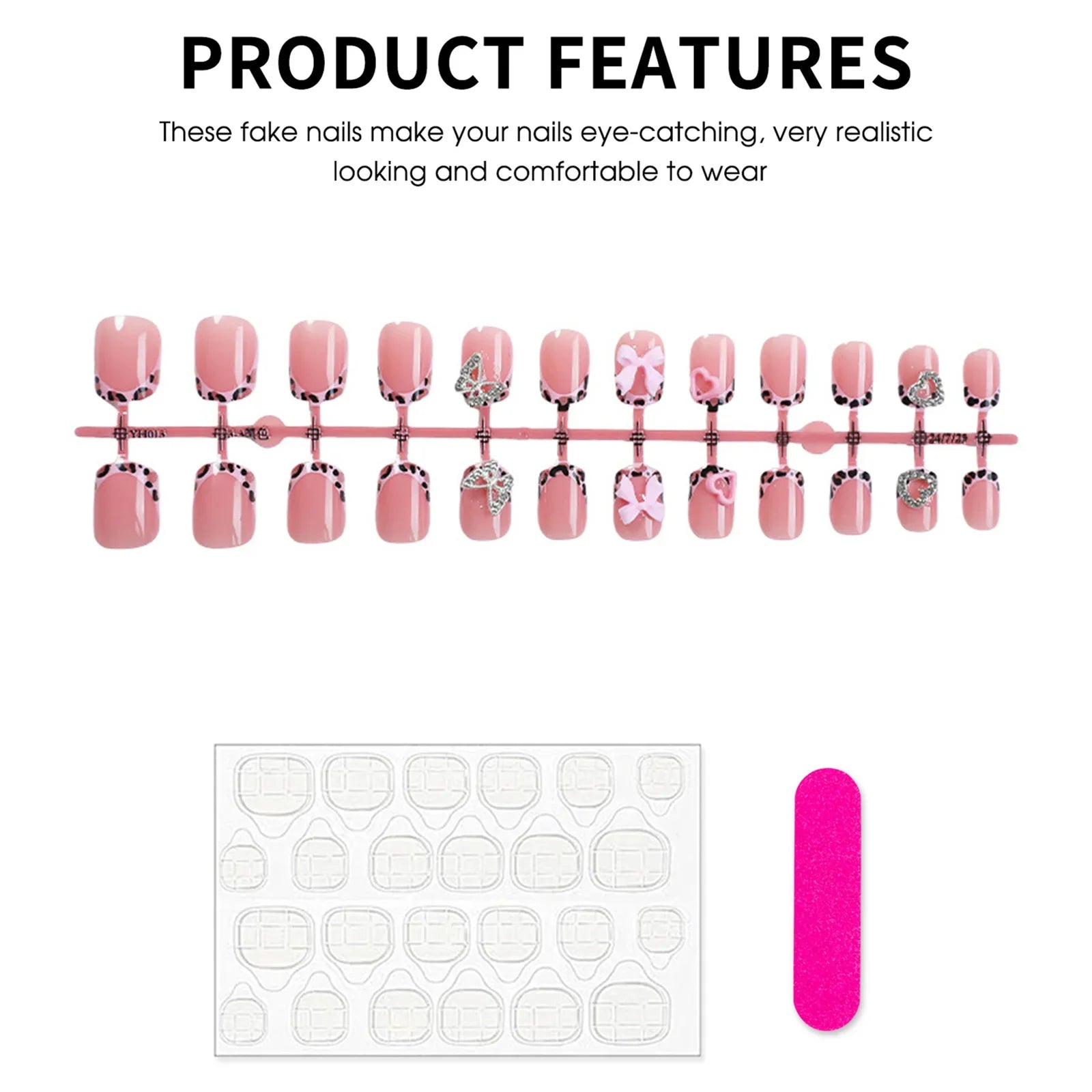 Short Square Nude Pink Fake Nails 24Pcs Leopard Printed French Press On Nails 3D Love Heart/Butterfly/Bowknot Decor False Nails