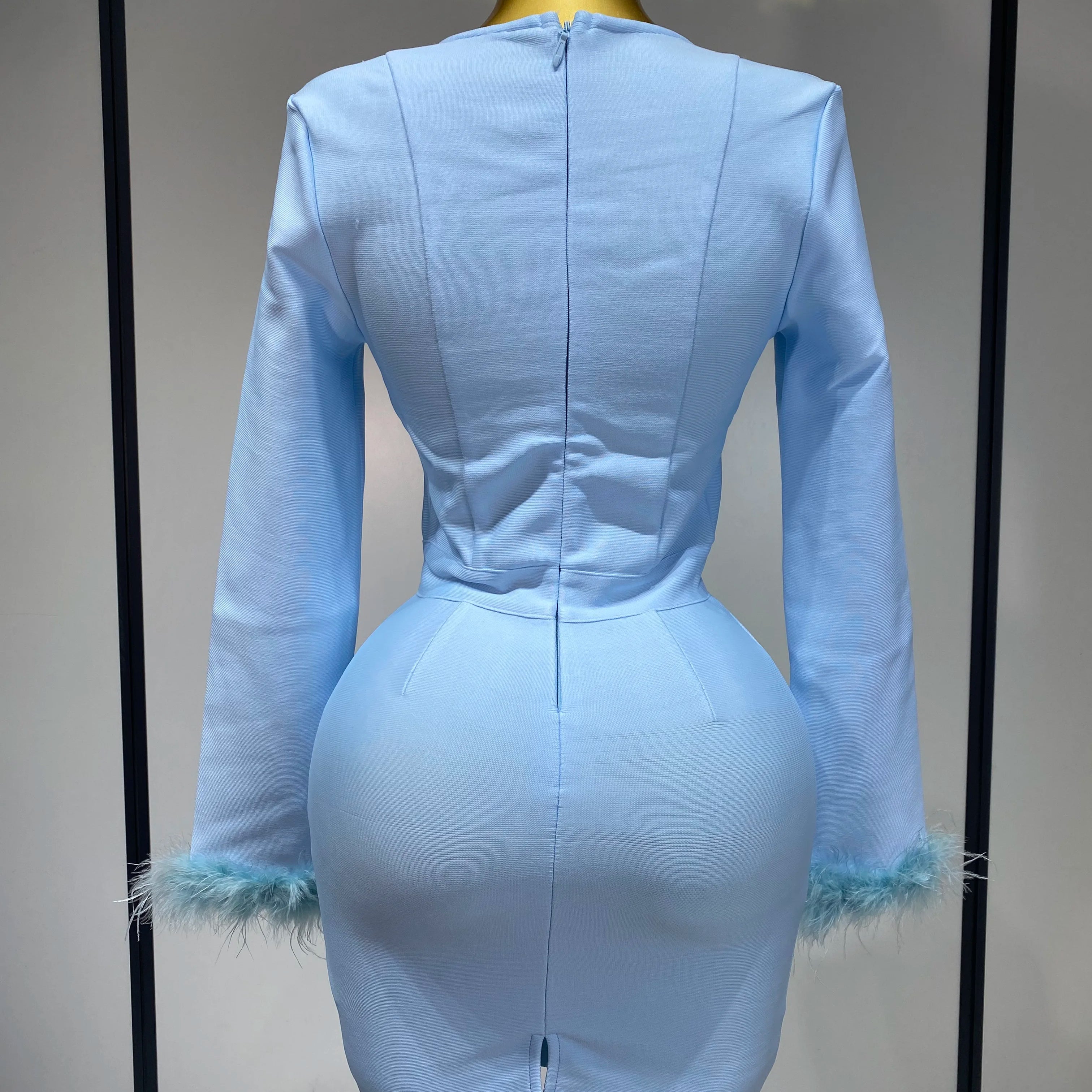 Women Fashion Sexy Long Sleeve Feathers Mini Bodycon Bandage Dress 2025 Elegant Evening Party Club Luxury Birthday Dresses