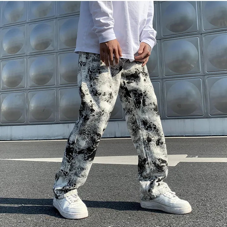 Mens Fashion Printed jeans Spring Mopping Trousers Jeans Korean Style High Street Loose Hip Hop Wide-leg Jean Pants black white
