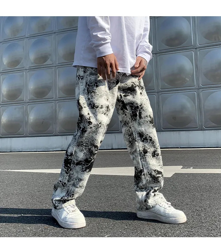 Mens Fashion Printed jeans Spring Mopping Trousers Jeans Korean Style High Street Loose Hip Hop Wide-leg Jean Pants black white