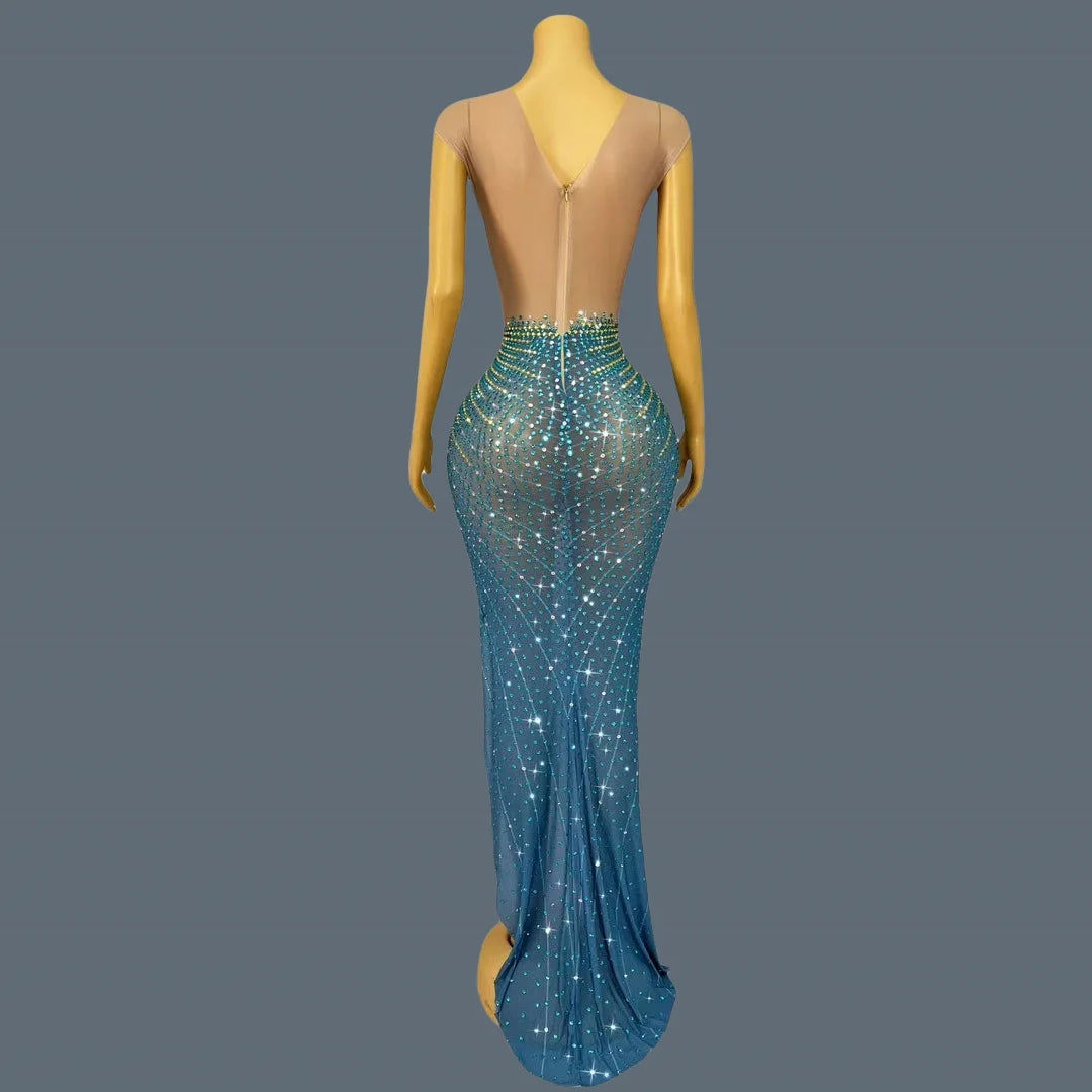 Sparkly Rhinestone Sheer Long Dress With High Side Slits Evening Gown Cocktail Party Club Singer Maxi Dress Ball Dress kongqueyu