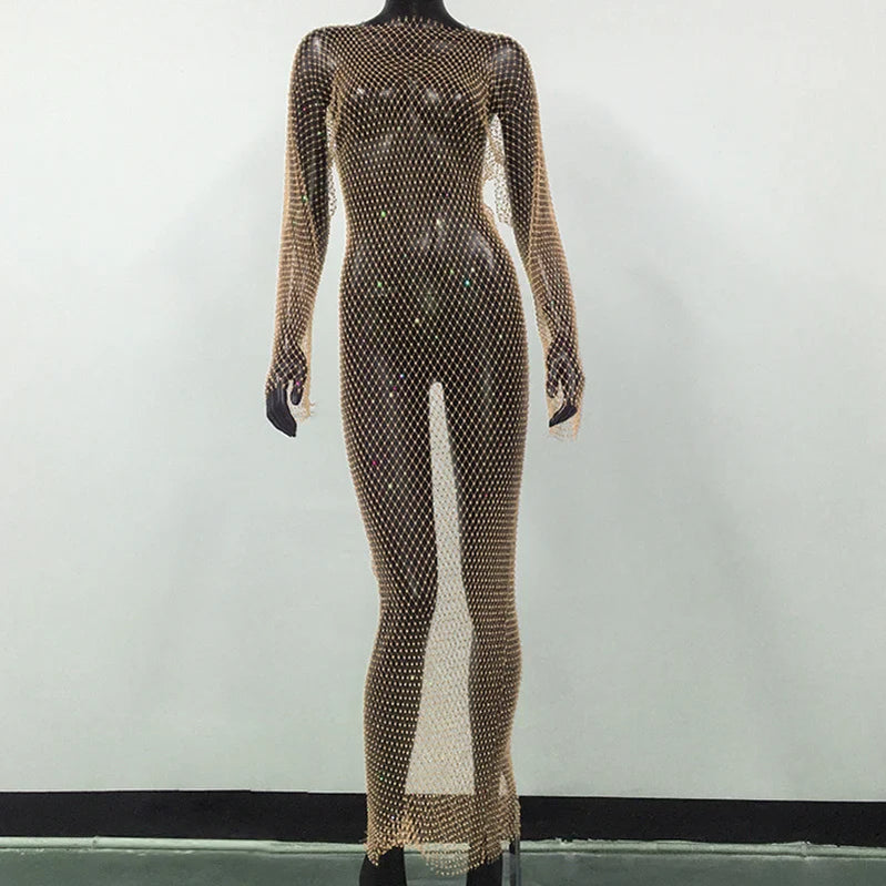 Y2K Sexy Shiny Rhinestones Grid Fishnet Dress Long Sleeve Hollow Out Side Slit Dress Beach Cover Up Breathable Lady Vestidos Skin Color Normal One Size