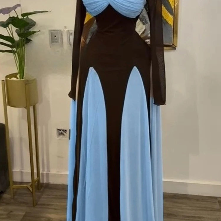 GLCMYAYA Women Long Sleeve Draped Front Midi A-line Patchwork Maxi Long  Dress 2025 Vacation Holiday Party Birthday Dresses