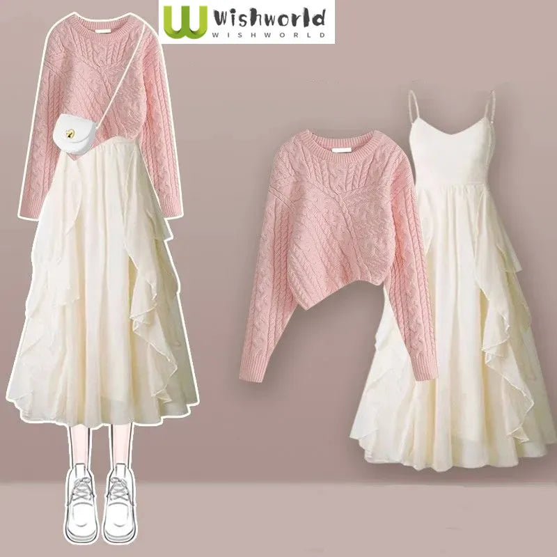 Korea Asymmetric Thickened Knitted Sweater Pullover Fashion Print Strap Dress Two Piece Elegant Women's Party Dress 2pcs set 02