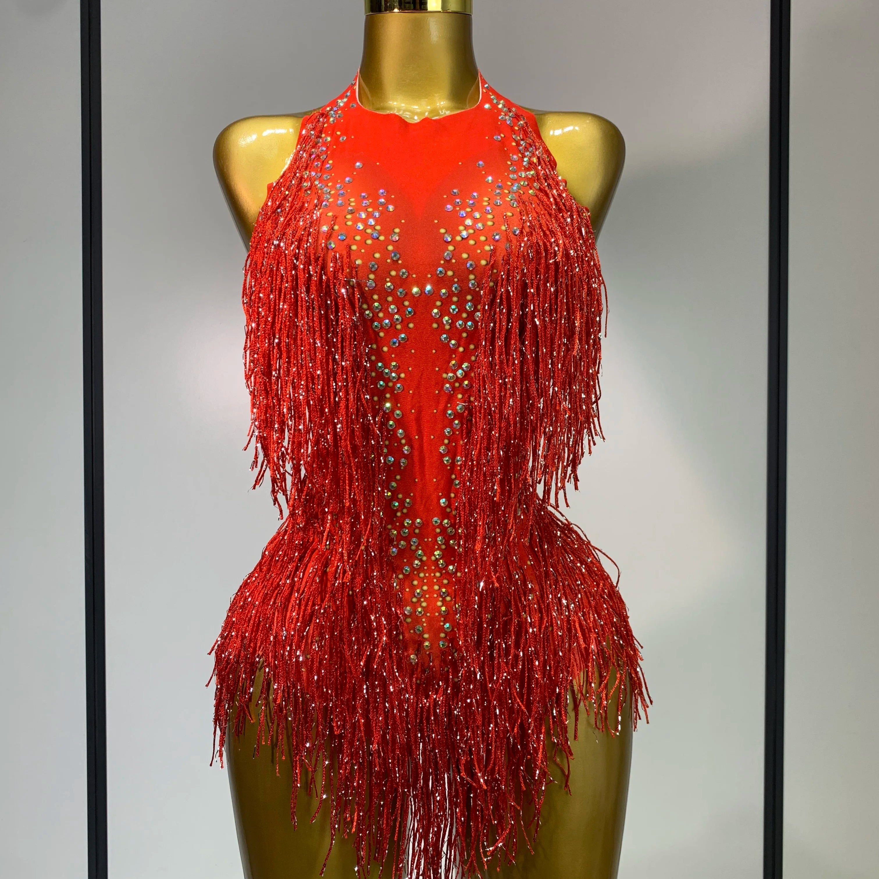 Sparkly Rhinestones Fringes Leotard Women Nightclub Evening Party Outfit Dance Costume Stage Outfit Sexy Performance Bodysuit
