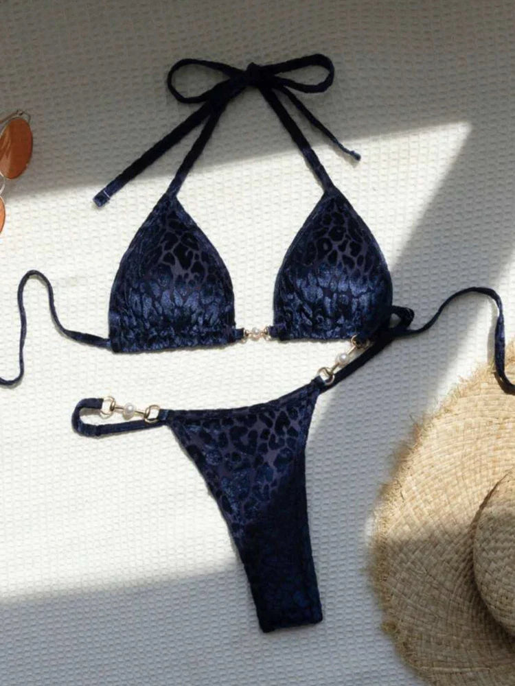 Sexy Leopard Print Glossy Bikini Women's 2-piece Thong Swimwear Suspender Lace-up Low Waist Backless Bathing Suit Beachwear Blue
