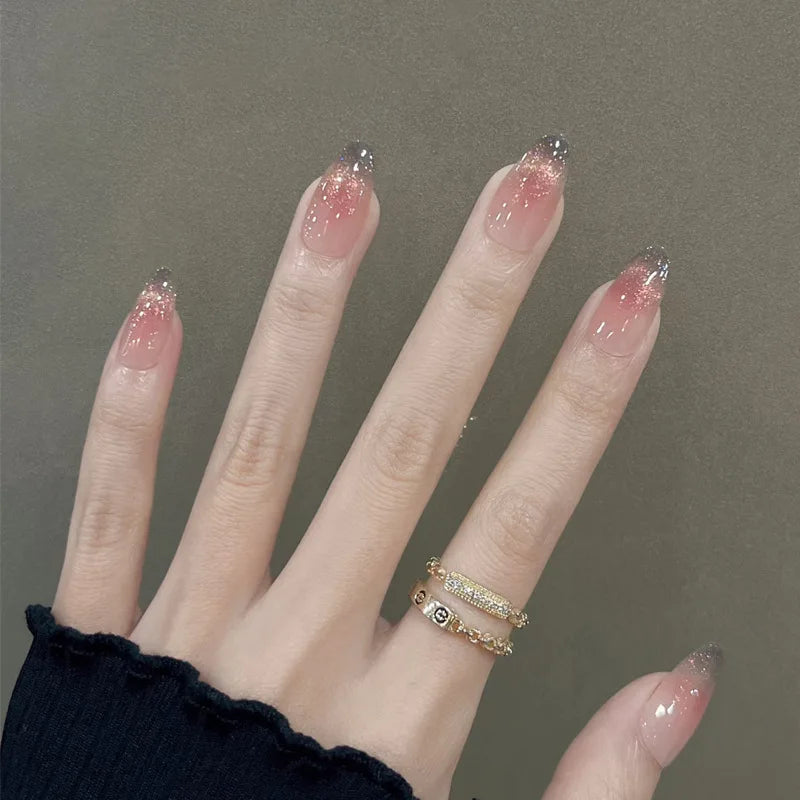 24Pcs Blush Pink Shining Cat's Eye Short Round Head Press on False Nails with Simple Design Almond French Manicure Nail Tips Set