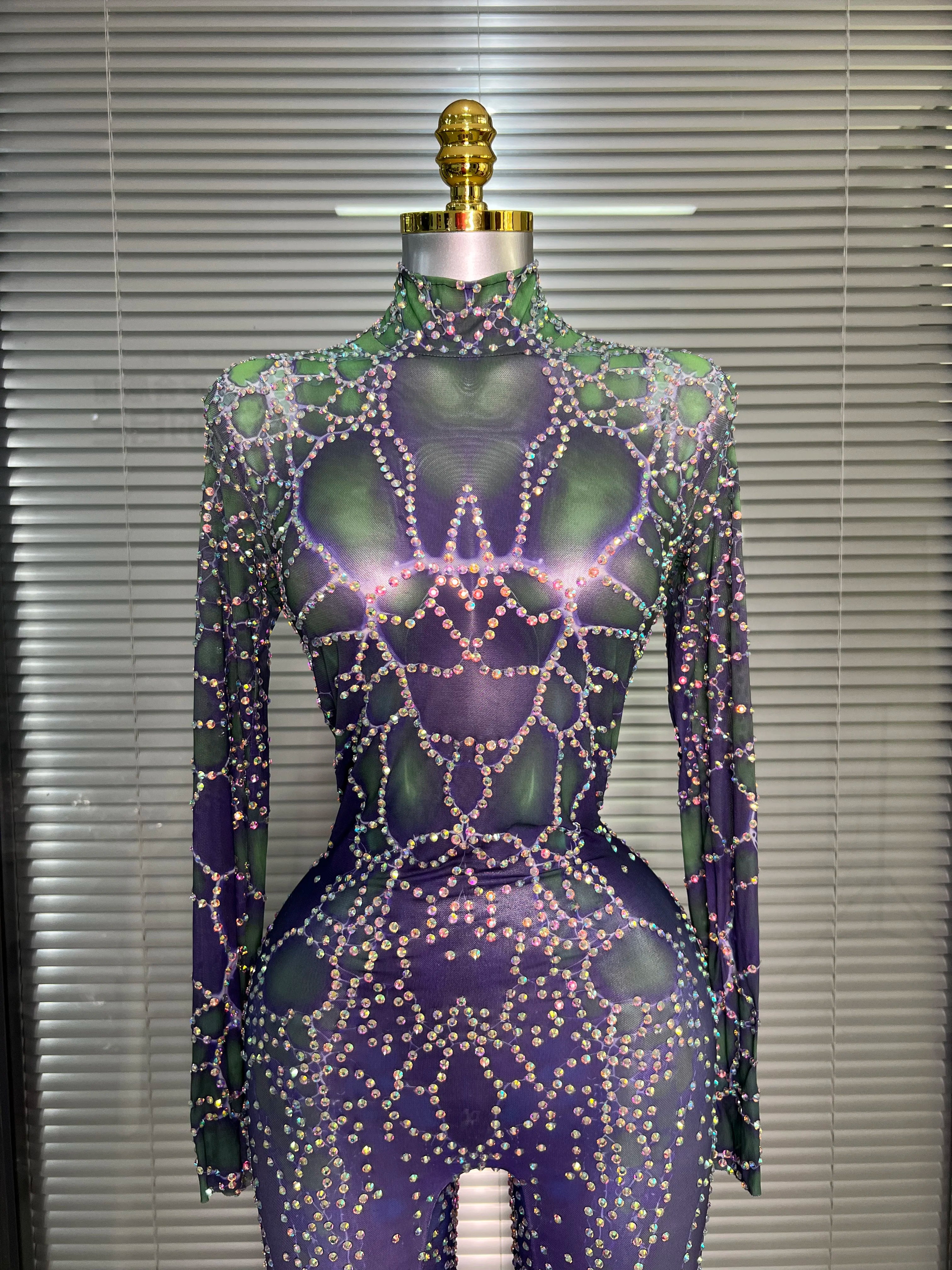 Women Sexy Crystal Sheer Printed Bodycon Jumpsuit Celebrity Designer Dancer See Through Night Club Rompers