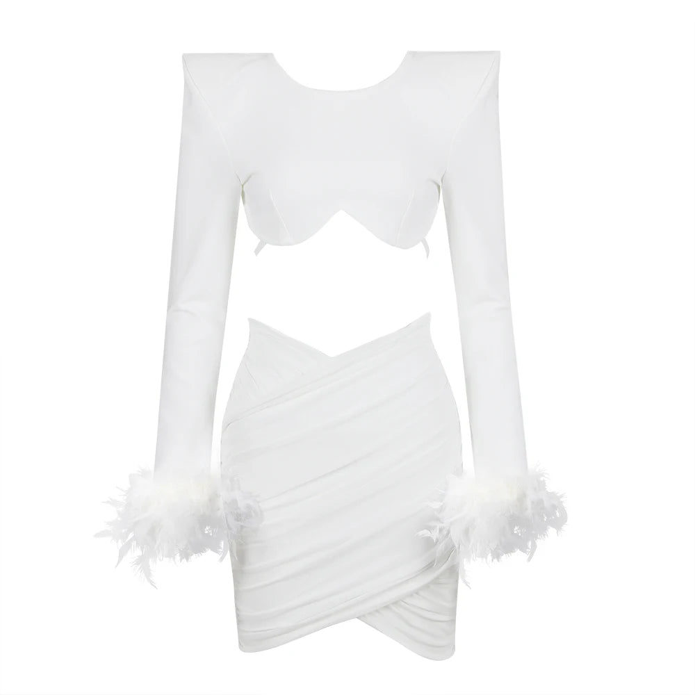 Vestido curto justo preto e branco de inverno feminino, manga comprida, penas, cintura sexy, vazado, estilo rayon, moda para boate