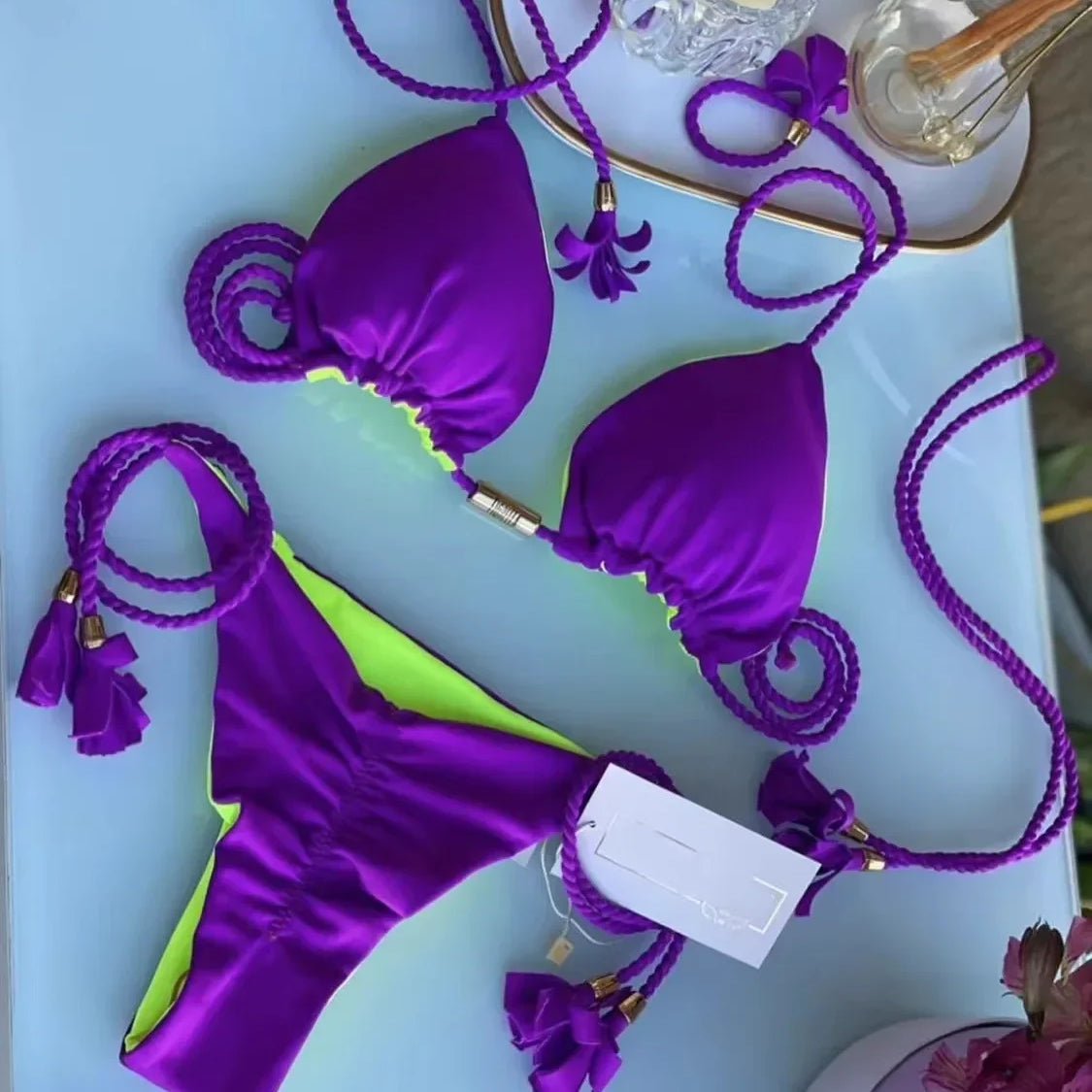 New Women Bikini Backless Rope Triangle Swimsuit Multicolor 8233