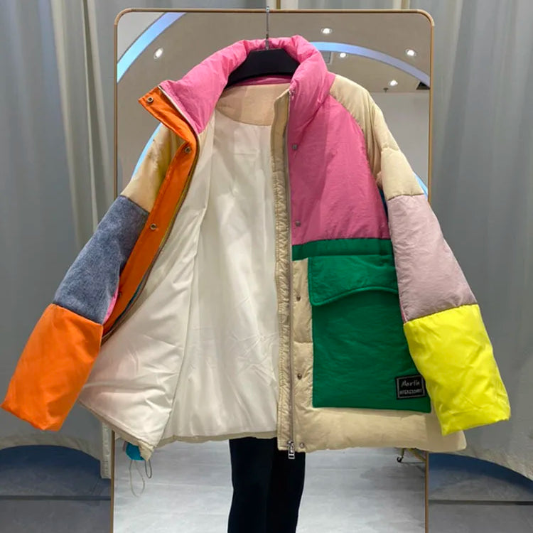 Oversize Denim Spliced Down Jacket Women Large Pockets Winter Coat Zipper Patchwork Puffer Jacket Windproof Thicken