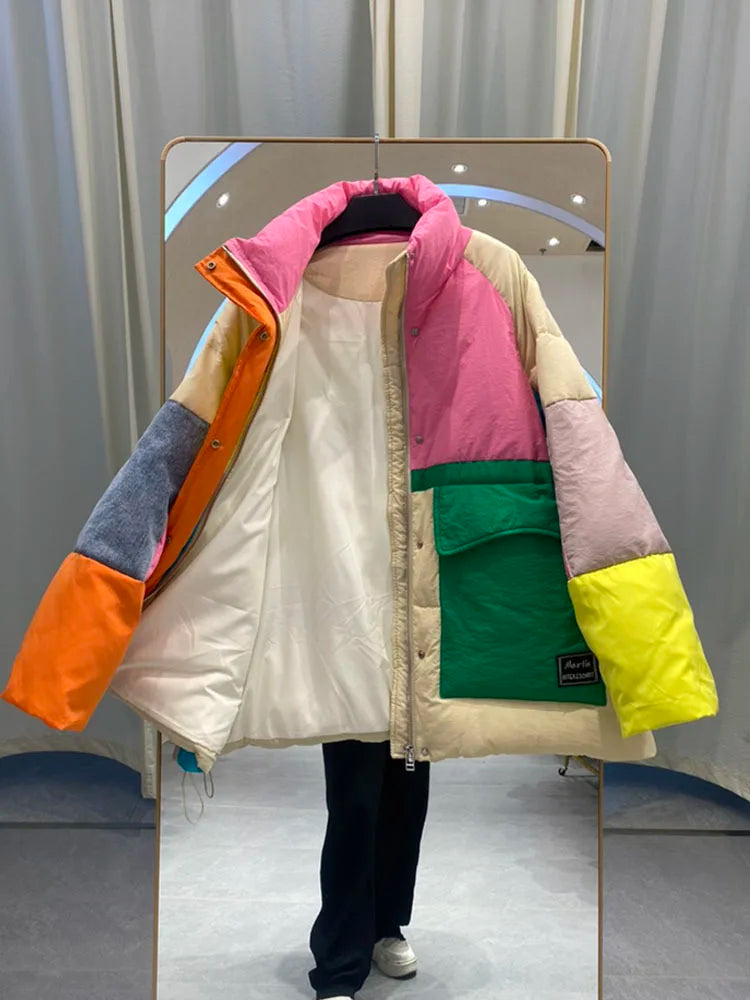 Oversize Denim Spliced Down Jacket Women Large Pockets Winter Coat Zipper Patchwork Puffer Jacket Windproof Thicken