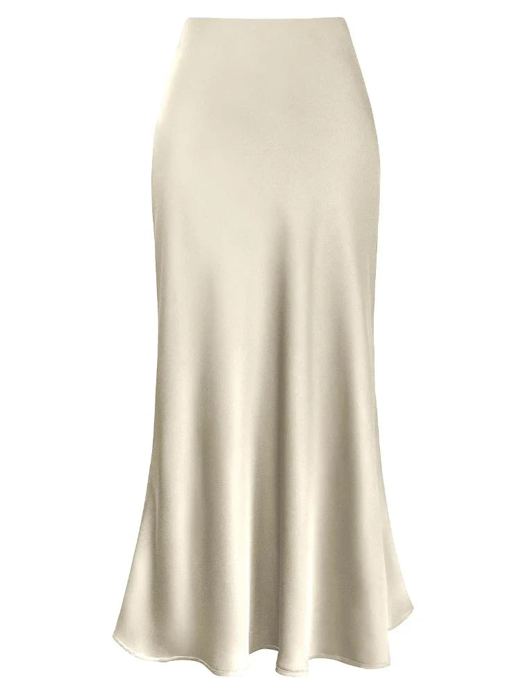 Women Satin Silk Skirts Summer Spring Korean Fashion Clothing Office Ladies Long Skirt Elegant Black Maxi Skirts for Women Apricot
