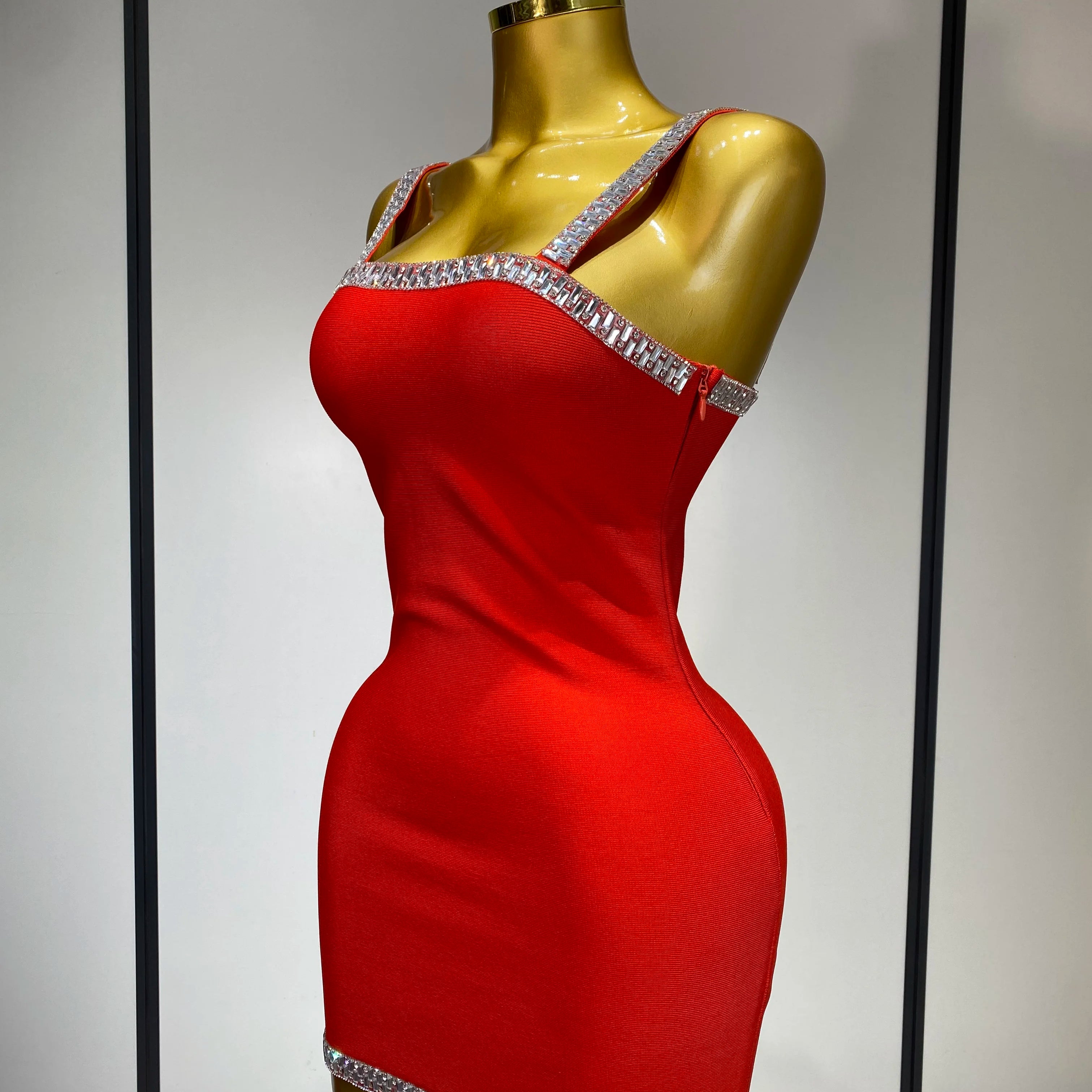 Women Sexy Black Red Sparkly Mini Bodycon Bandage Dress Sleeveless Luxury Diamonds Elegant Evening Club Party Birthday Dress