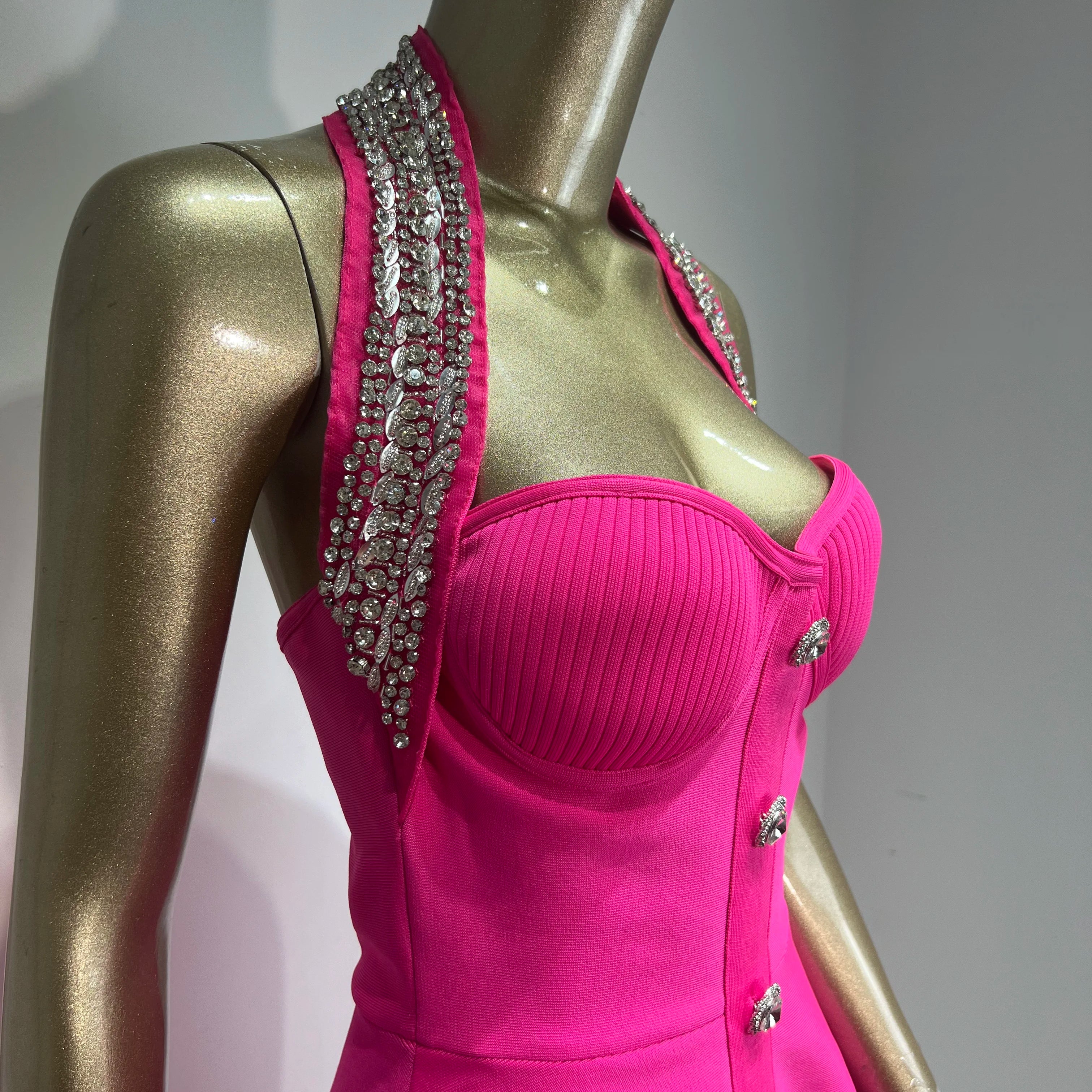 Rosered Black Color Women Sexy Off the Shoulder Halter Shinning Crystal A-Line Bandage Mini Dress Celebrate Nightclub Party Wear