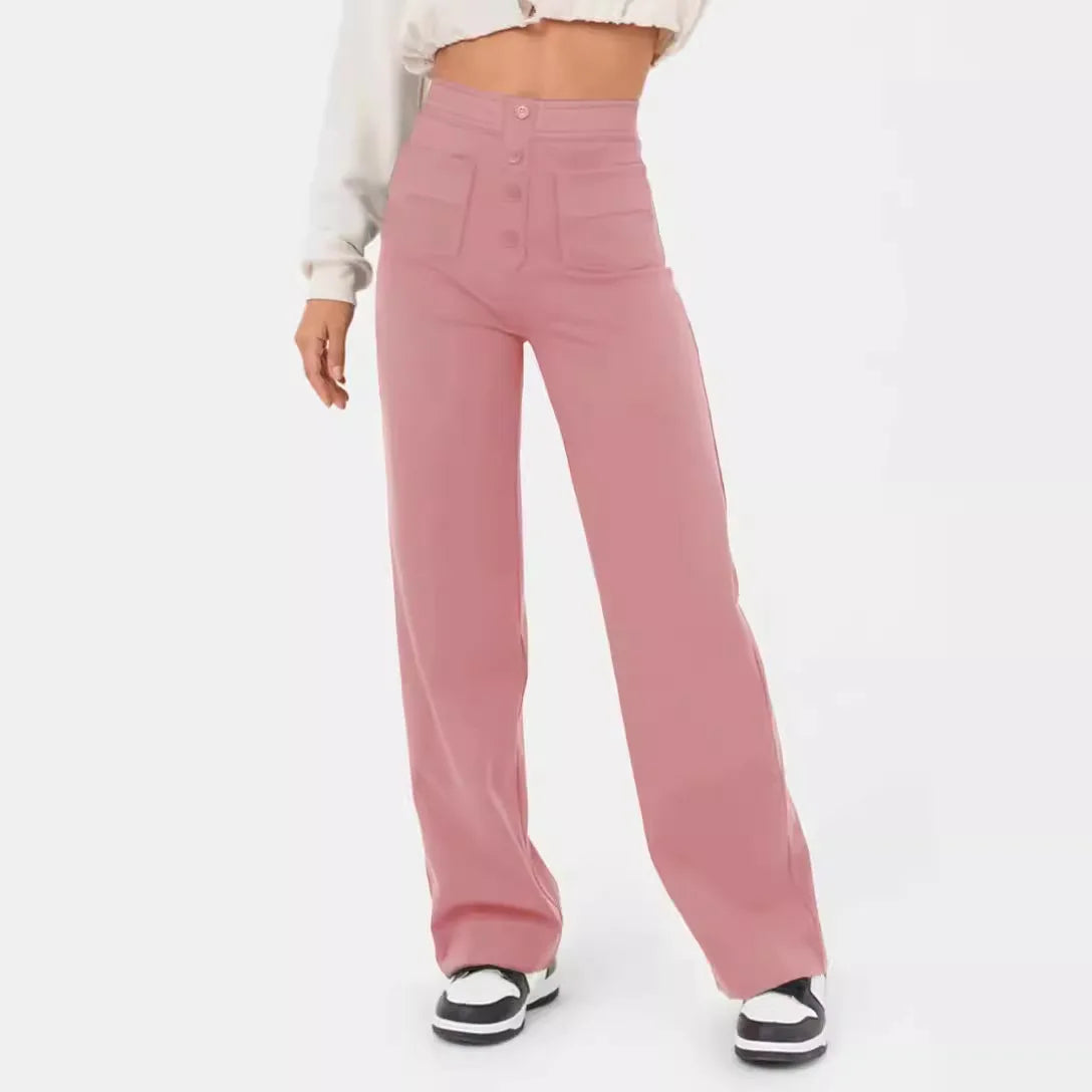 Women's High-waisted Elastic Casual Trousers Fashionable Casual Straight-leg Pants Buttoned Elegant Casual Pants