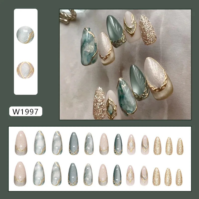 24pcs False Nails Glossy Green Summer Almond Fake Nail Tips Wearable Detachable Fashion Flower Print Press on Nails for Girl