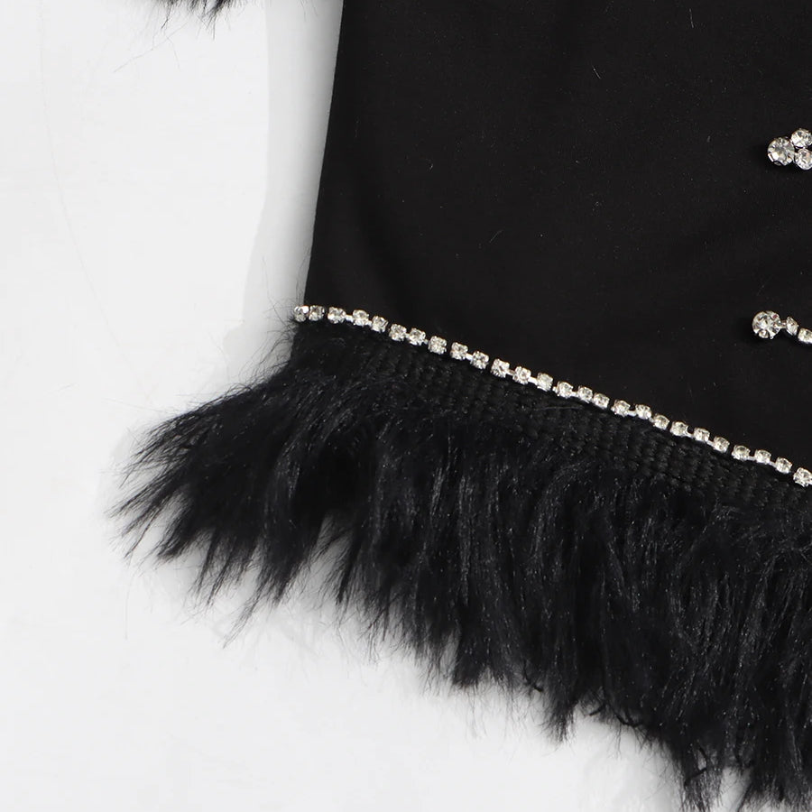 TWOTWINSTYLE Slimming Spliced Diamond Elegant T Shirts for Women Round Neck Short Sleeves Patchwork Tassels Tees Femlae Fashion