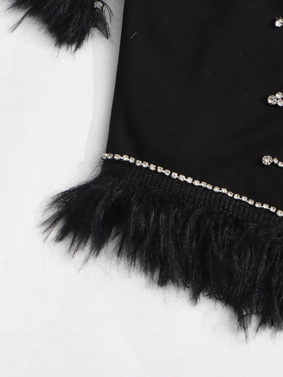 TWOTWINSTYLE Slimming Spliced Diamond Elegant T Shirts for Women Round Neck Short Sleeves Patchwork Tassels Tees Femlae Fashion