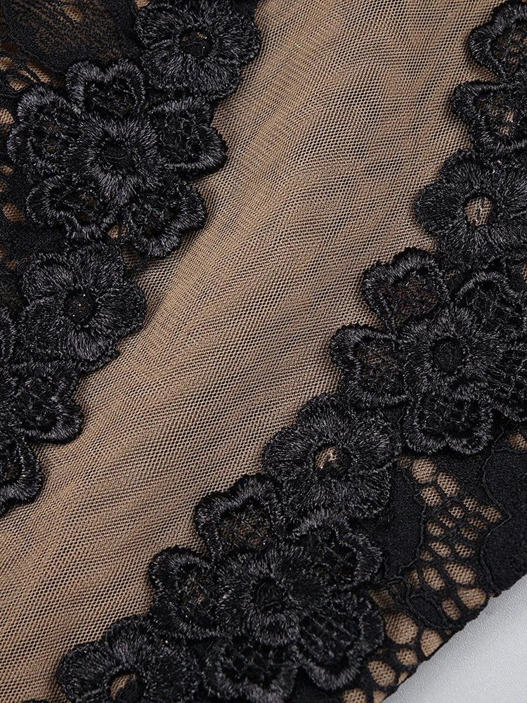 VC Lace Accent Maxi Dress High Neckline Cut-out Tulle Fabric Long Sleeves Floor Length Cocktail Party Evening Gowns