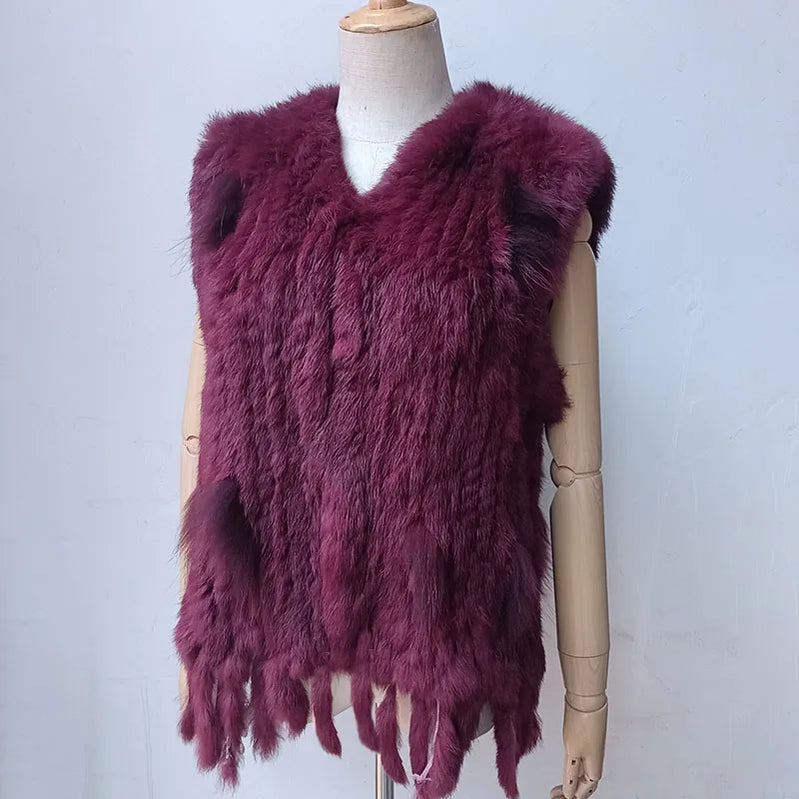 New Women Burgundy Knitted Real Fur vest with tassel V-neck fluffy Genuine Fur Gilet Hot Sale Natural Rabbit Waistcoat Claret