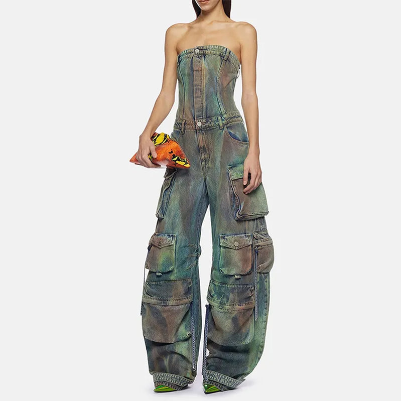 Women's Off Shoulder Jumpsuit Elastic Waist Stretchy Camouflage Cargo Loose Wide Leg Overall Rompers