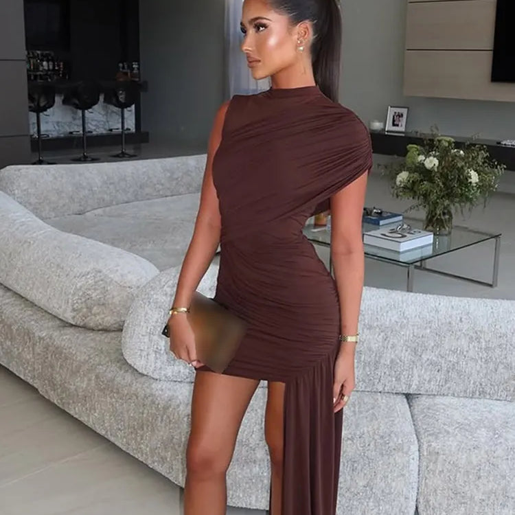 Brown Pleat Women Mini Vestidos Elegant Draped Ruched Turtleneck Sleeveless Slim Fit Dresses Summer Woman Club Party Short Dress